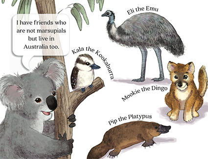 slide 2  The Down Under Salad Bowl, by Bonnie Lady Lee. [Excerpt] I have friends who are not marsupials but live in Australia too. Eli the Emu. Kala the Kookaburra. Mookie the Dingo. Pip the Platypus.