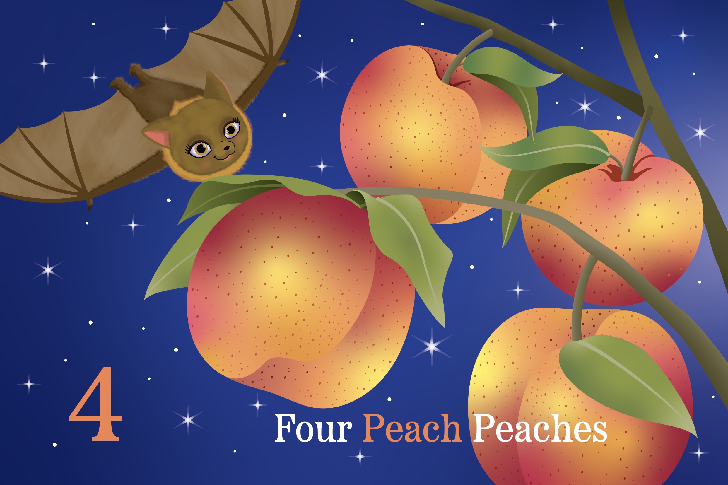 slide 3 Educational Children's Stories - Bonita the Fruit Bat Counts to Ten, by Bonnie Lady Lee. [Excerpt] Two red cherries.