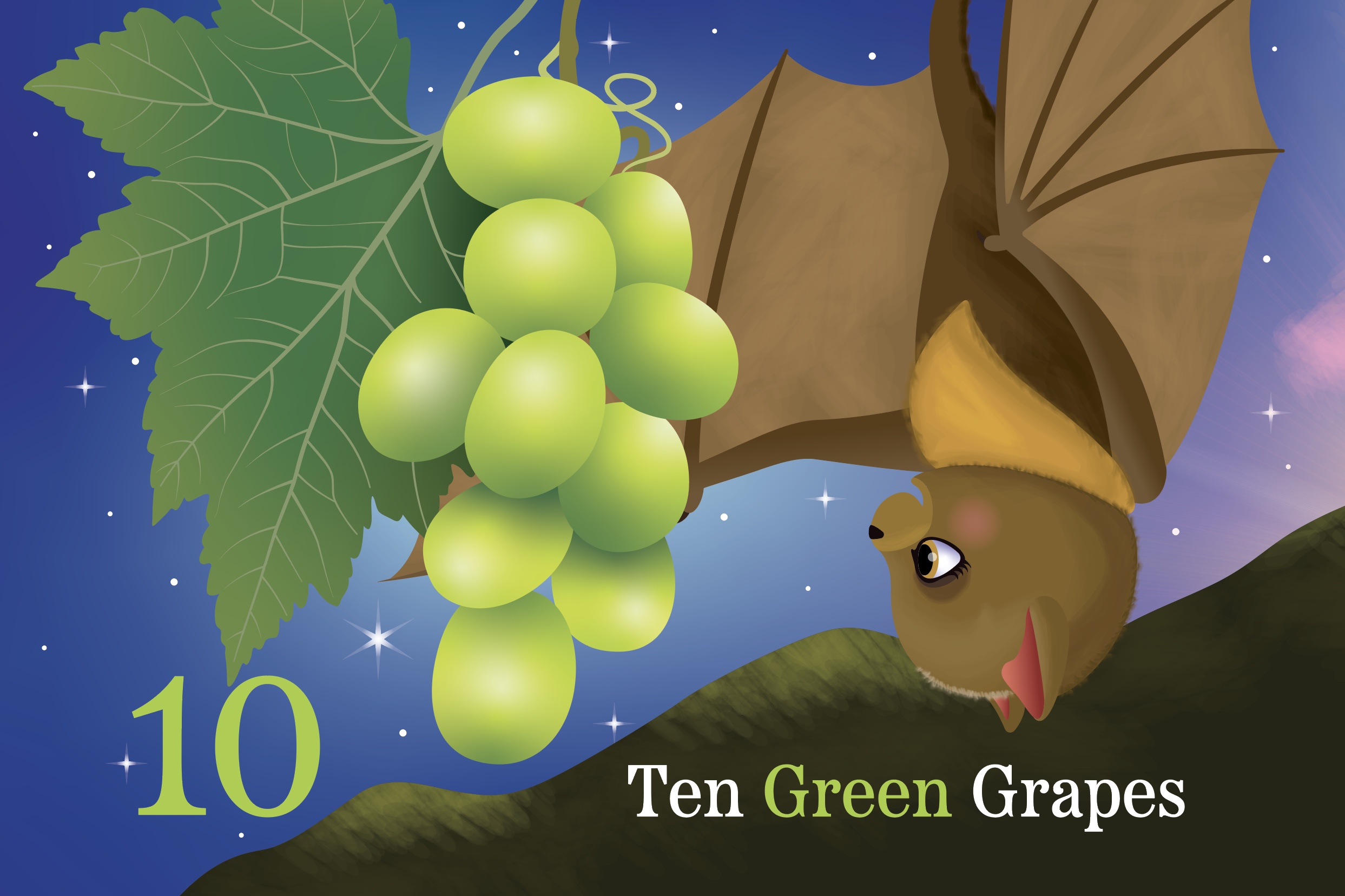 slide 5 Bat Books - Bonita the Fruit Bat Counts to Ten, by Bonnie Lady Lee. [Excerpt] Ten green grapes.